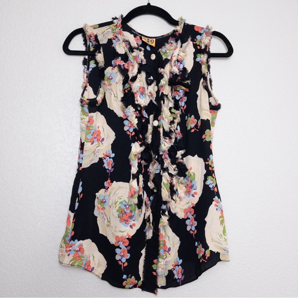 Tory Burch Tops - Tory Burch Silk Floral Ruffle Blouse S Black Frayed Edge Button Up Sleeveless